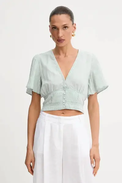 Halenka se lněnou směsí Guess LUIZA dámská, modrá barva, s aplikací, W5GH82 D5N81