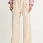 Kalhoty s příměsí lnu Guess SHAYE dámské, béžová barva, high waist, W5GA2G WG8N0