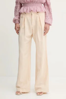 Kalhoty s příměsí lnu Guess SHAYE dámské, béžová barva, high waist, W5GA2G WG8N0
