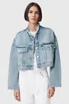 Bavlněná džínová bunda AllSaints SONNY modrá barva, přechodná, oversize, W062OC