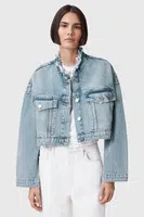 Bavlněná džínová bunda AllSaints SONNY modrá barva, přechodná, oversize, W062OC