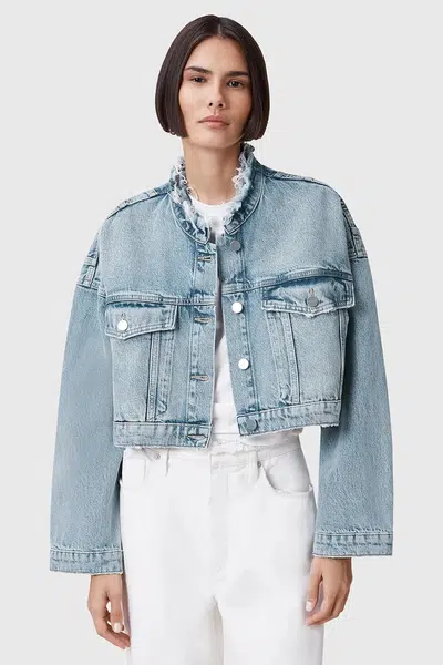 Bavlněná džínová bunda AllSaints SONNY modrá barva, přechodná, oversize, W062OC