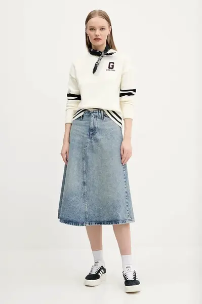 Džínová sukně HUGO modrá barva, midi, áčková, 50530310