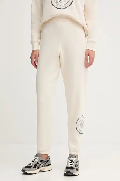 Tepláky Dkny dámské, béžová barva, s aplikací, DP5P3667