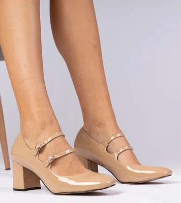 marka niezdefiniowana Beige women's pumps on a block heel with buckles Meloni