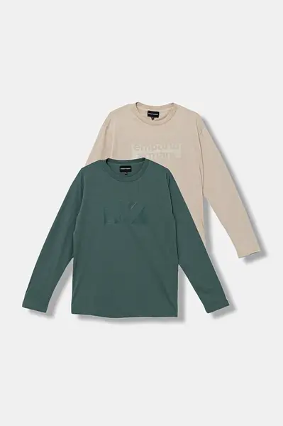 Dětské bavlněné tričko s dlouhým rukávem Emporio Armani 2-pack béžová barva, s potiskem, EB000726 AF16162