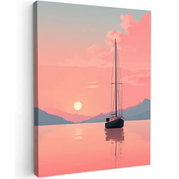 MuchoWow OBRAZ NA PLÁTNĚ Plachetnice - Růžové moře - Západ slunce - Hory 30x40 cm
