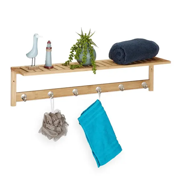 Relaxdays DRŽÁK Přírodní bambus police 6 háčků 75 cm