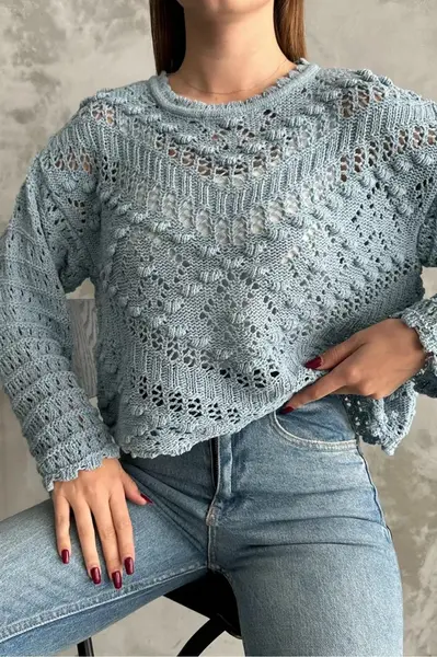 69491 Dewberry Patterned Openwork Knitwear Womens Sweater-BEBE BLUE