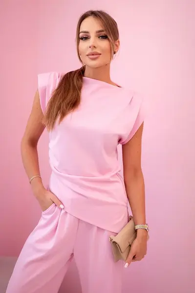 Kesi Włoski Komplet asymetrická halenka + kalhoty bonbónově růžová