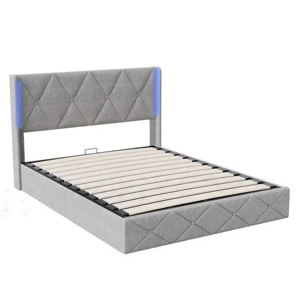 ČALOUNĚNÁ postel 140x200 cm s lamelovým roštem a boxem, čelo, LED, sametový potah, šedá