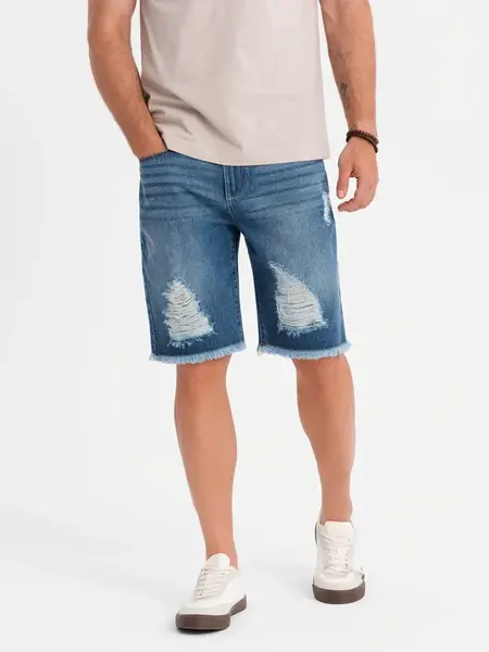 Ombre Men's short denim shorts with rips and holes - blue