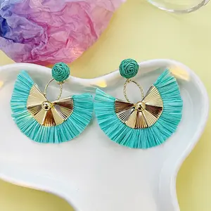 Bohemian Style Fan Alloy Raffia Dangle Stud Earrings
