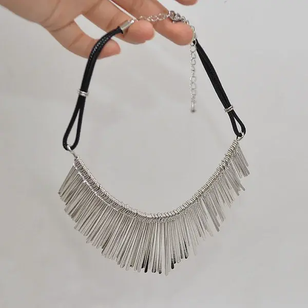 Alloy Long Tassel Bib Black Waxed Cord Necklaces