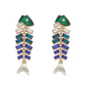 Alloy Rhinestone Fishbone Dangle Stud Earrings