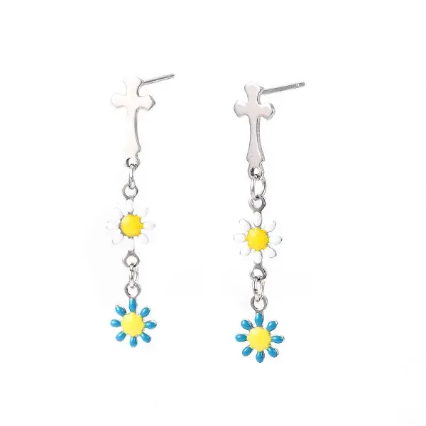 Cross with Flower Enamel Long Dangle Stud Earrings