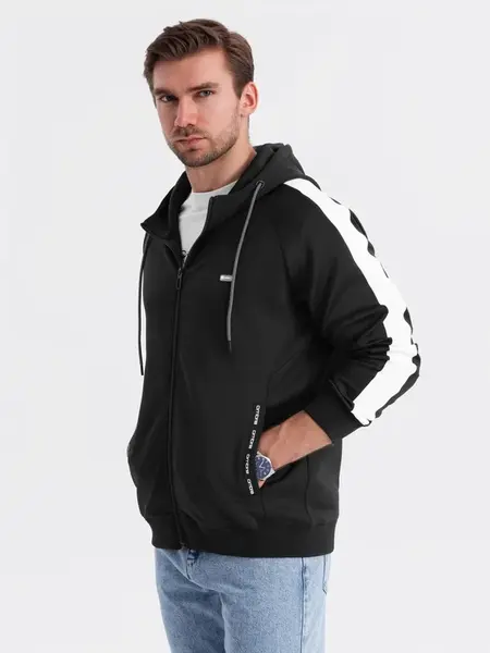 Ombre Men's unbuttoned hooded sweatshirt with piping - black