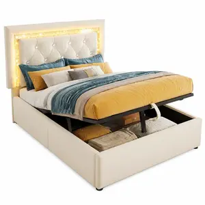 STILVORA ČALOUNĚNÁ POSTEL 90/200 cm béžová sametová, úložný prostor, LED, USB, Type-C