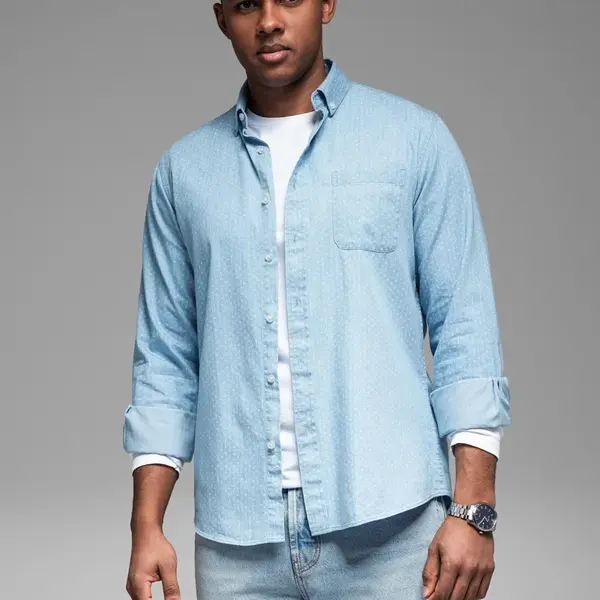 Ombre Men's patterned thin denim shirt with pocket - light blue