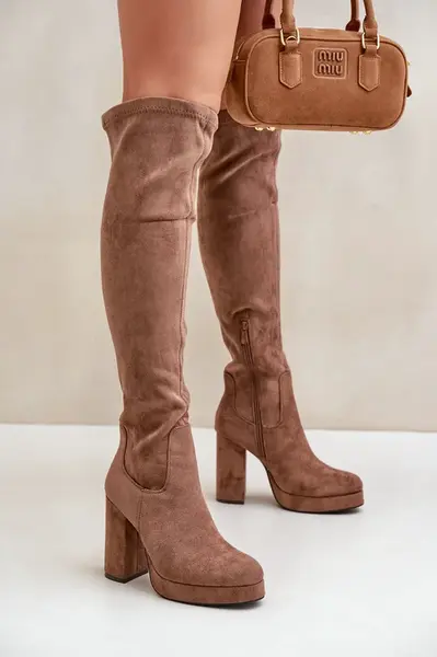 FS1 Kozáky Na Podpatku A Platformě S Holenní Částí Ekokožené Tmavobéžové Zistaria