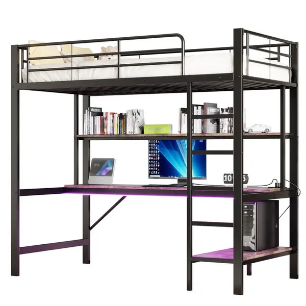 FLIEKS VYVÝŠENÁ POSTEL 90x200cm Kov LED Stůl USB Černá