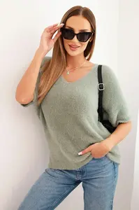 Kesi Włoski Dámsky sveter z mäkkého vlasu s V výstrihom krátky rukáv tmavozelený