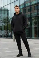 Trendyol Pánska čierna tepláková súprava oversize/wide-fit basic elastická noha s kapucňou fleece bavlna