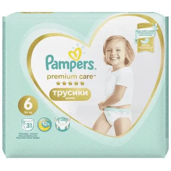 Kalhotky plenkové Premium Care Pants 6 EXTRA LARGE 16kg + 31ks Pampers
