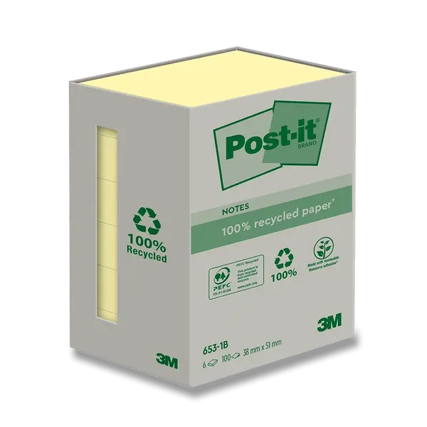 Samolepicí recyklované bločky 3M Post-it 653 - 38x51 mm, 6×100 l.