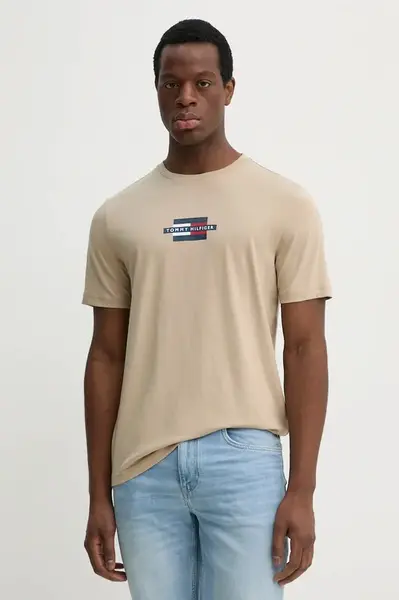 Bavlněné tričko Tommy Hilfiger béžová barva, s potiskem, MW0MW38636