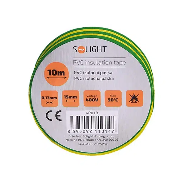 SOLIGHT Elektrikářská páska PVC izolační 15 mm x 10 m, žlutozelená