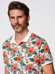 Ombre Cotton polo shirt with floral print - white