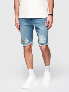Ombre Men's short denim shorts with rips and holes - blue
