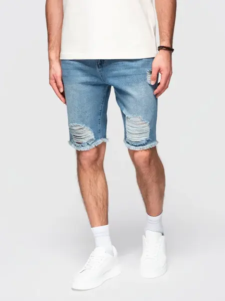 Ombre Men's short denim shorts with rips and holes - blue