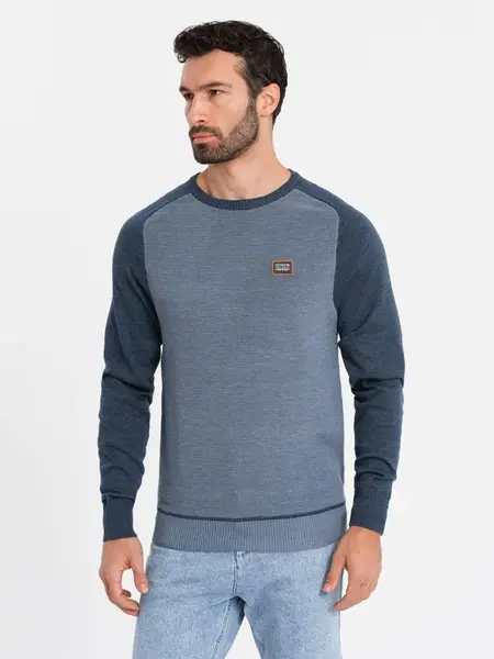 Ombre Cotton men's sweater with patch and raglan sleeves - navy blue