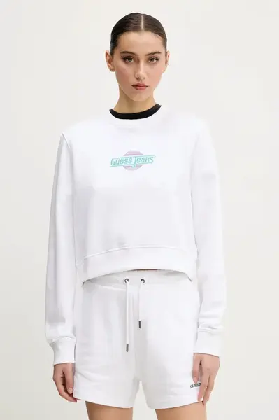 Bavlněná mikina Guess Jeans dámská, bílá barva, s aplikací, W5GQ20 K68I4