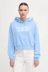 Bavlněná mikina Tommy Jeans dámská, modrá barva, s kapucí, s potiskem, DW0DW20306