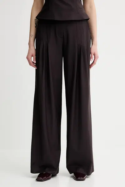 Kalhoty s příměsí vlny Remain dámské, hnědá barva, široké, high waist, 502473578
