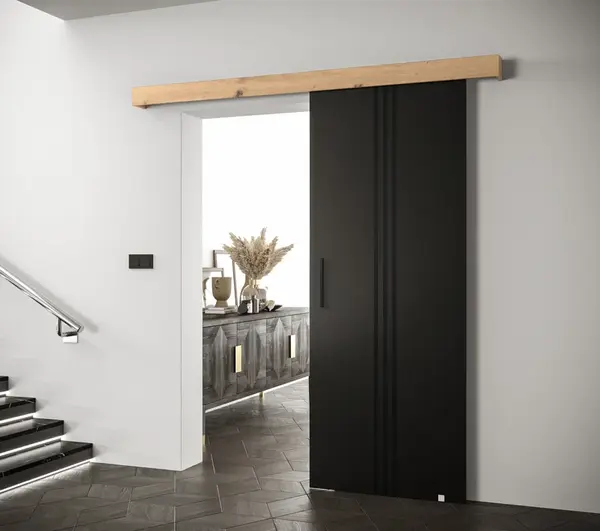 Posuvné dveře Salwador V Dveře: Černá, Pásky / úchyty: Černá, Horní pojezdová lišta: Dub artisan