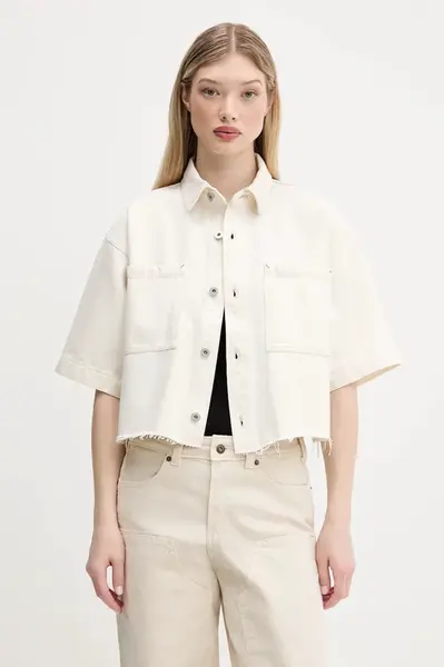 Džínová košile Hugo Blue dámská, béžová barva, relaxed, s klasickým límcem, 50537471