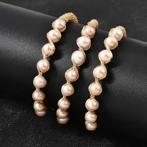 Brass Wire Wrapped Natural  Pearl Cuff Bangles for Women