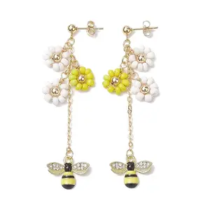 Spring Flower & Bees Alloy Enamel Dangle Stud Earrings