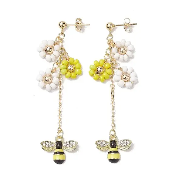 Spring Flower & Bees Alloy Enamel Dangle Stud Earrings