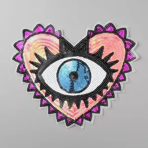 Heart with Evil Eye Glitter Sequin Computerized Embroidery Iron on Cloth Patches