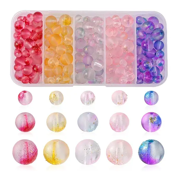 190Pcs 15 Style Frosted Spray Painted Glass Beads Strands