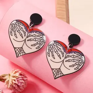 Creative Heart-Shaped Halloween Spider Devil Acrylic Stud Earrings
