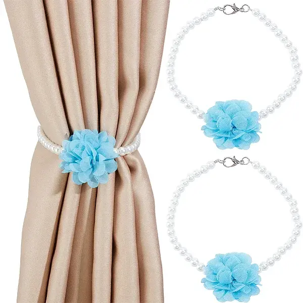 2Pcs Polyester Flower & Glass Pearl Curtain Tiebacks Clips
