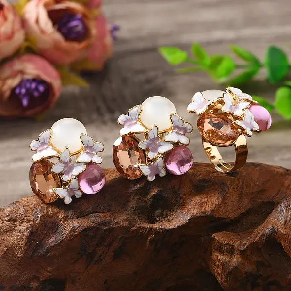 Elegant Vintage Flower Alloy Enamel Stud Earrings & Rings Sets