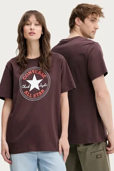 Bavlněné tričko Converse hnědá barva, s potiskem, 10025459-A32