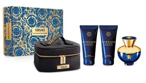 Versace Pour Femme Dylan Blue – EDP 100 ml + telové mlieko 100 ml + sprchový gél 100 ml + kozmetická taštička